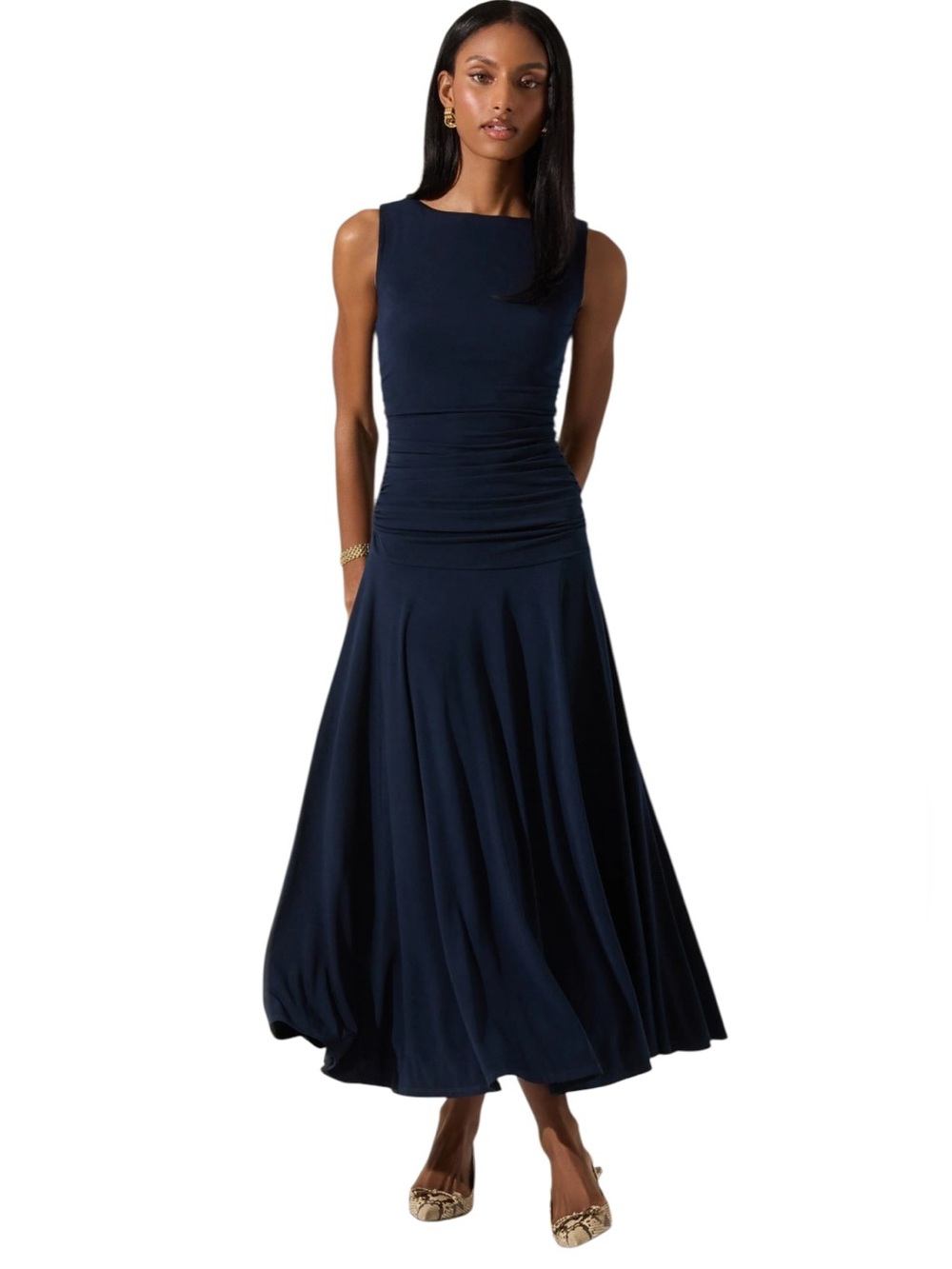 ASTR the Label Melisandre Navy Sleeveless Midi Dress with Ruched Waist NWT